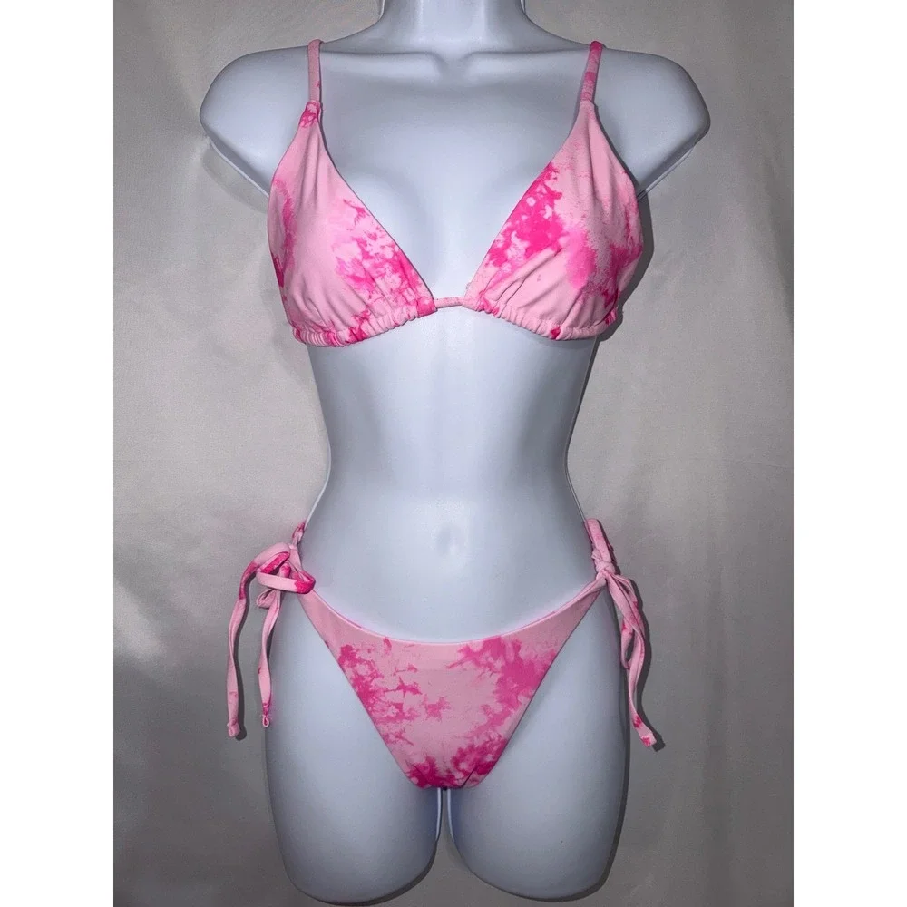 Zaful Pink Tie Dye Bikini Set Triangle Top Side Tie Bottoms‎ Womens Size S 4